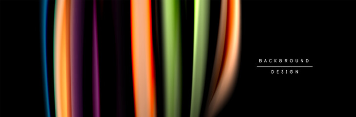 Silk and smooth flow wave poster design. Color waves, liquid style lines and shapes in black color background