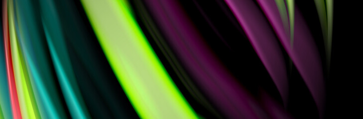 Silk and smooth flow wave poster design. Color waves, liquid style lines and shapes in black color background