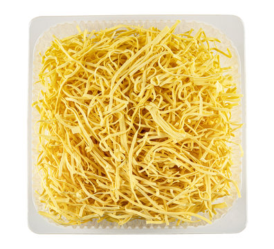 Egg Noodles In Container Isolated On White. Top View