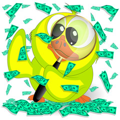 Little duckling under the money rain. cartoon vector illustration.