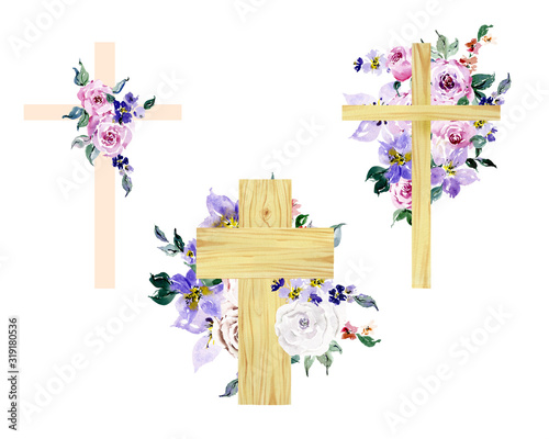 Download Watercolor Flower Cross Wood Cross Baptism Floral Clipart Hand Painted First Communion Holy Spirit Florals Arrangements Easter Cross Wall Mural Olga