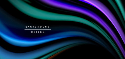 Fototapeta premium Abstract silk smooth lines on black, multicolored liquid fluid rainbow style waves on black