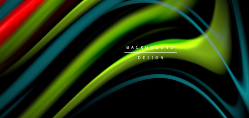 Abstract silk smooth lines on black, multicolored liquid fluid rainbow style waves on black