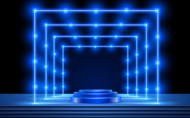 blue podium with pink light on the stage