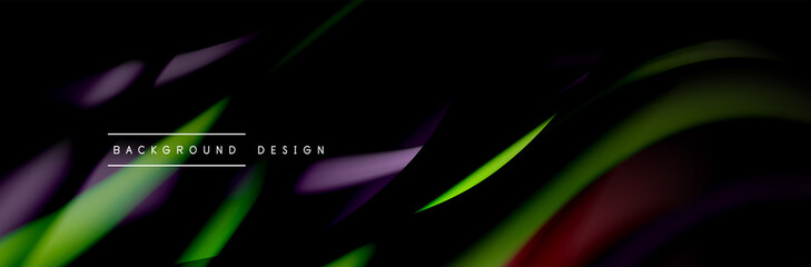 Сolorful flow poster. Wave liquid lines and shapes in black color background. Vector Illustration