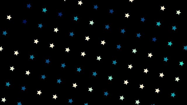 Decorative digital desigh elements, colorful stars rotating slowly on black background, seamless loop. Animation. Beautiful rows of small stars spinning and moving upwards.