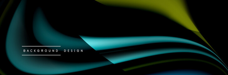 Сolorful flow poster. Wave liquid lines and shapes in black color background. Vector Illustration