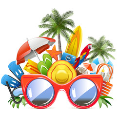 Vector Red Sunglasses with Beach Concept