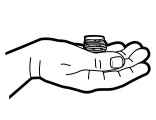 Man's hand holds a stack of coins. Line graphics. Vector illustration