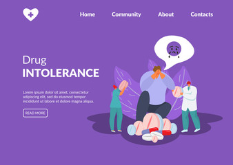 Drugs intolerance, tiny doctors give giant medicines to patient vector illustration website. Sick sad man feeling unwell with sensitivity, allergic to drugs among pills, tablets. Internet page banner.
