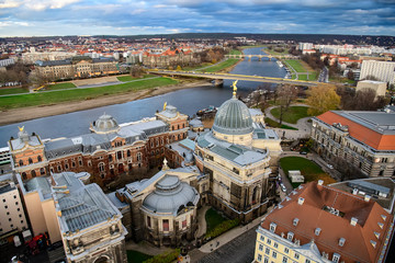 Panorama of Dresden city with bridges over Elbe river at sunset from lutheran church of Our Lady...