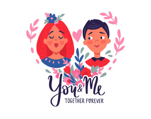 Happy Valentine's Day. Greeting Card with cute couple, hearts, flowers.