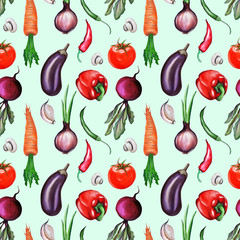Vegetables, hand-drawn in gouache, an emulation of oil painting. mushrooms, carrots, onions, beets, avocados, mushrooms, garlic, broccoli, eggplant. suitable for corporate identity and other