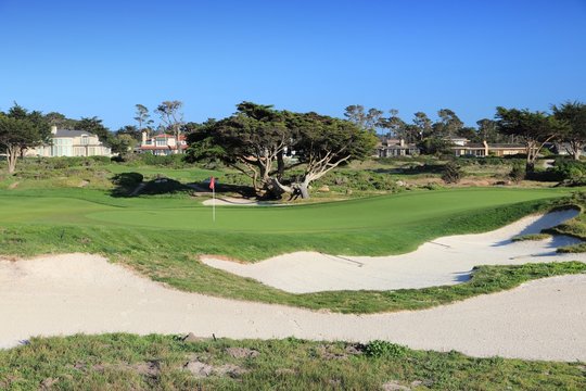MONTEREY COUNTY, USA - APRIL 7, 2014: Pebble Beach Golf Links in California. It is one of most renowned golf courses with PGA Tour and Champions Tour events every year.