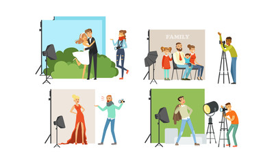 Photo Studio Collection, Male Photographers Taking Pictures of Different People with Professional Equipment Vector Illustration