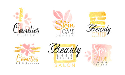 Cosmetics Center Logo Design Collection, Spa, Skin Care Beauty Salon Watercolor Hand Drawn Badges Vector Illustration