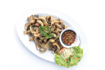 Food in a Thai restaurant Made from meat and vegetables on a white background