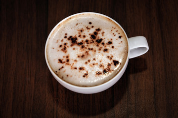 Hot mocha coffee on wooden floors