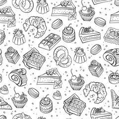 Bakery, cakes,dessert, pastries linear pattern. Hand drawn vector illustration of goodies, sweets, cakes and pastries. Design elements for confectionery and bakery shops.
