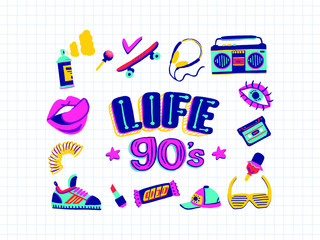 Collection retro icons elements in trendy 80s-90s goods hand-drawn cartoon style. Notebook sheet. Vector colorful set doodle illustration isolated on white background