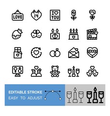 valentines related love and romance wine glasses, letter, heart gift, birds, couples, chocolate, heart lock, love letter, ring, and teddy bear vectors in lineal style,