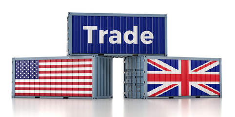 Fototapeta na wymiar Freight container with USA and United Kingdom flag. 3D Rendering