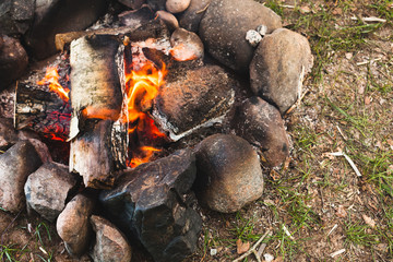 Close-up photo of bonfire, top view