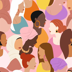 International Women's Day. Vector seamless pattern with women of different nationalities and cultures. The struggle for freedom, independence, equality. 
