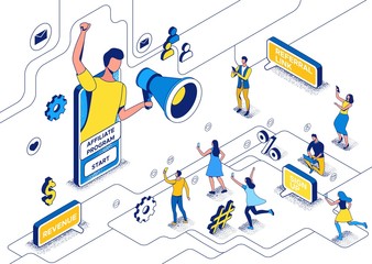 Influencer standing with megaphone and refer a friend to affiliate program, blogger and followers, people like post in social media network, 3d vector isometric illustration with outline and texture