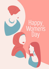 International Women's Day. Vector illustration with women of different nationalities and cultures. The struggle for freedom, independence, equality. 