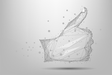 Obraz premium Abstract mash line and point like gesture. Low poly hand Thumb up. Polygonal vector illustration