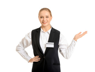 Portrait of female receptionist on white background