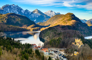 Landscape of Bavarian lakes from the Neuschwanstein castle, Germany.