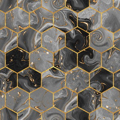 Marble hexagon seamless texture with gold. Abstract background