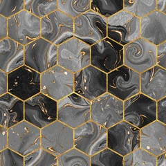 Tuinposter Marmeren hexagons Marmeren zeshoek naadloze textuur met goud. Abstracte achtergrond