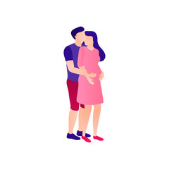 Husband hugs pregnant wife flat isolated illustration. Pregnant woman next to a caring husband. Happy beautiful couple together. Expectant parents in anticipation of motherhood.