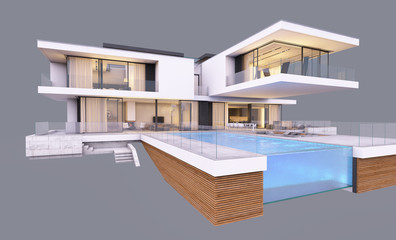 Fototapeta na wymiar 3d rendering of modern cozy house by the river with garage and pool for sale or rent in evening with cozy light from window. Isolated on gray