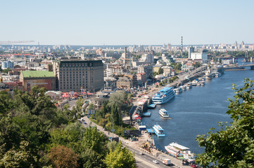 Ukraine, Kiev city, Podolsky district - 24.07.2012: view of the Dnieper river and right bank. landscape
