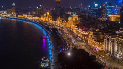 Fototapeta na wymiar The bund at night, The Bund is a financial district and business centre in the city, Shanghai Bund historical buildings old colonial buildings, Popular tourist destination, Aerial view, China.