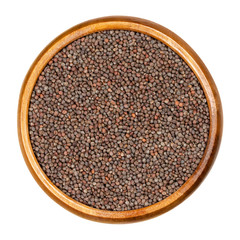 Red cabbage seeds in wooden bowl. Brassica oleracea, also purple cabbage, red kraut or blue kraut,...