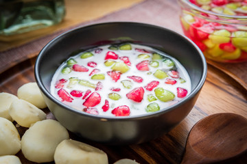 Water Chestnuts in Coconut Milk, Tub Tim Grob, Thai dessert