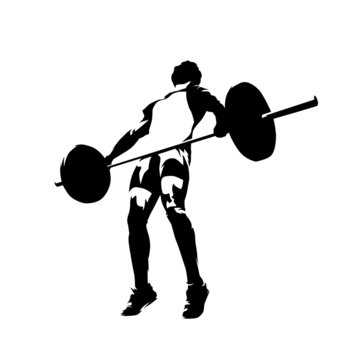 Weightlifter lifting big barbell, isolated vector silhouette. Ink drawing