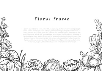 Beautiful floral horizontal frame. Vector floral frame with linear black flower drawings on white background. Romantic floral template for wedding cards and invitations. 