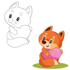 set of cute fox with big eyes holds his heart to himself and wants to give it for the holiday in color and contour,
