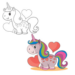 set of cute unicorn with multi-colored mane and on the background of red hearts in color and contour, a nice gift for the holiday Valentine s Day,