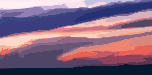 sunrise or sunset sky in orange color with clouds,  landscape, background，vector illustration