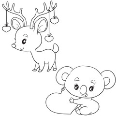 set of deer with horns decorated with hearts and koala with a big heart isolated object on a white background,