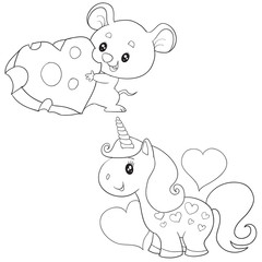 outline set of a mouse with a big heart and a unicorn, isolated object on a white background,