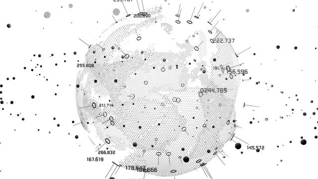 3D animation rendering of a black and white sleek UI of a globe spinning with particles showing The Internet of Things and connectivity in the future.