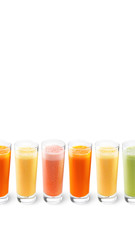Orange, carrot, grapefruit, apple juice in glasses in a vertical photo. Healthy lifestyle and detox concept Copy free space on  top